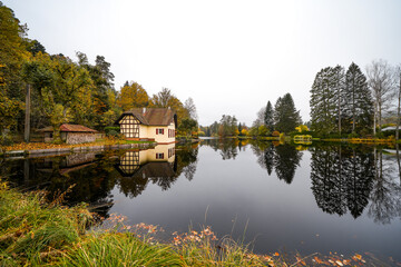 Fototapeta premium Landscape at the Sägmühlweiher pond in Ludwigswinkel. Nature at the lake in autumn. Reservoir at the edge of the forest. 