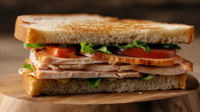A sandwich with lettuce and tomato on a wooden cutting board. The sandwich is cut in half and he is a turkey sandwich