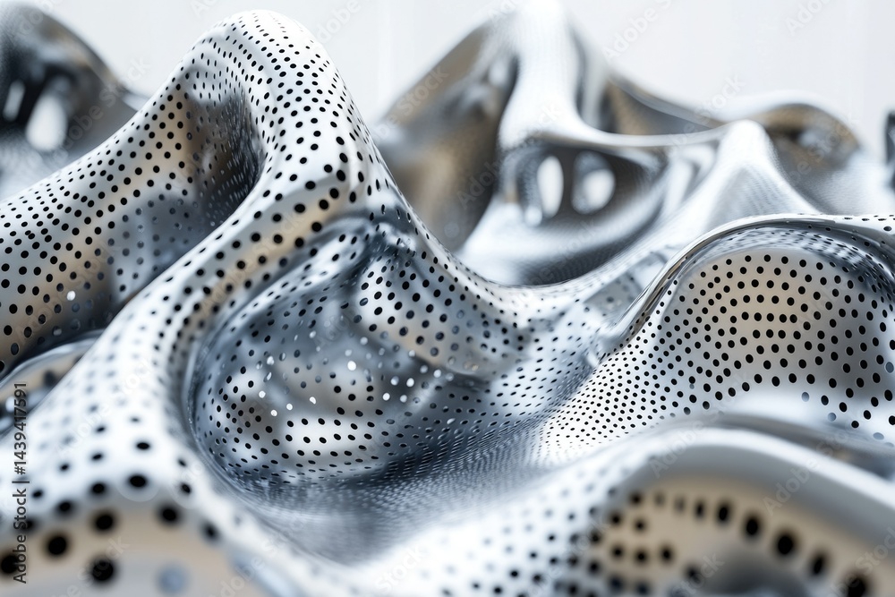 Aufkleber Abstract 3D rendering of a metallic surface with a perforated texture and undulating form.