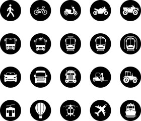 Air, Auto, Railway Transport Silhouette Icon Set. Public Transport Glyph Pictogram. Car, Bike, Motorbike, Quad bike, Scooter, Truck, Bus, Tram, Train, Metro, Ship, Plane, Icon.