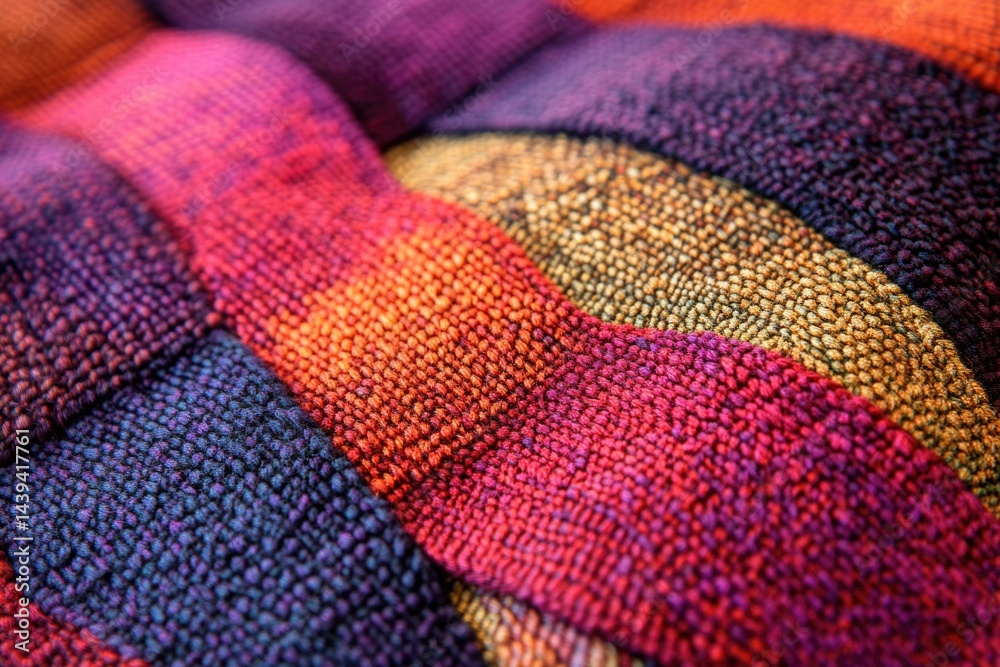 Poster close-up of vibrant, multicolored knitted fabric with rich textures and gradient colors.