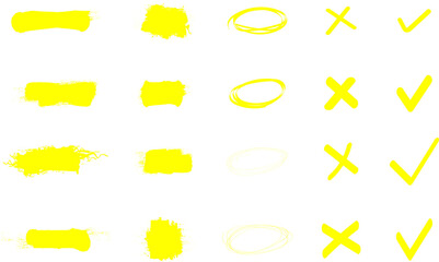 Yellow marker brush lines. Highlighter line yellow marker strokes lines. Yellow watercolor hand drawn highlight set. Grunge freehand watercolor ink pencil marks. Marker pen highlight strokes.