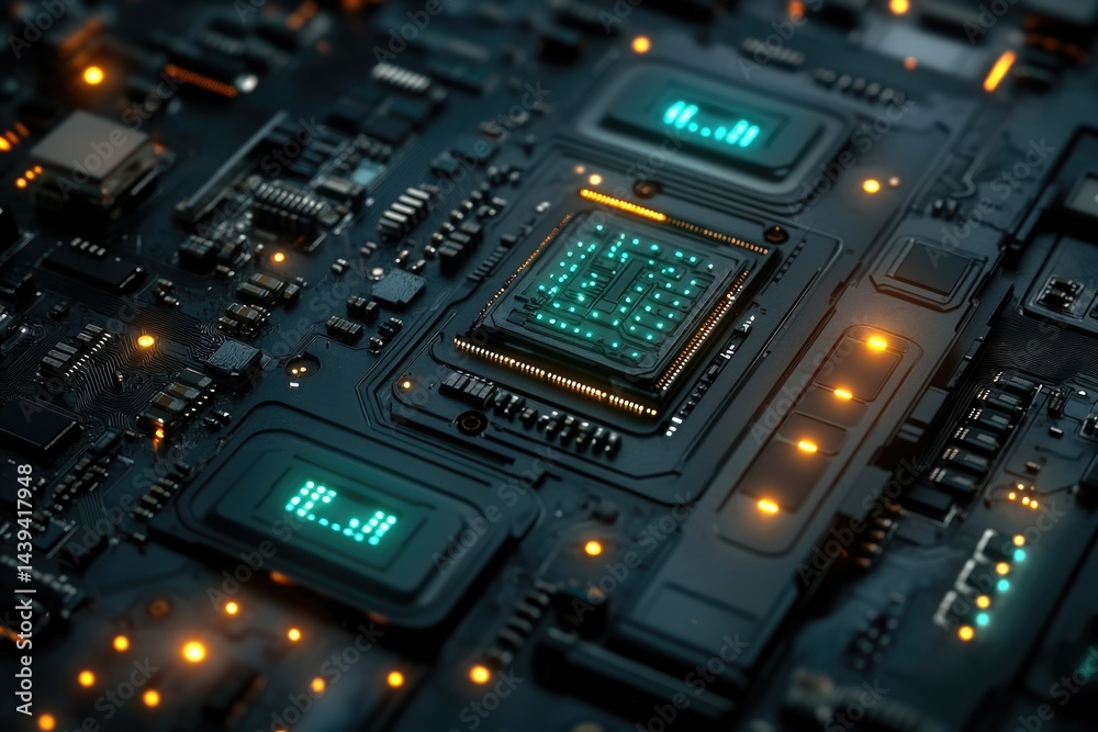 Poster Close-up view of a futuristic circuit board showcasing a powerful central processing unit and intricate circuitry.