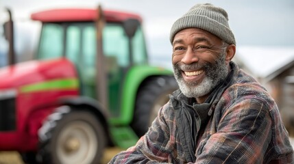 Fototapeta premium Man with a beard and gray hair is smiling in front of a tractor. He is wearing a hat and a jacket