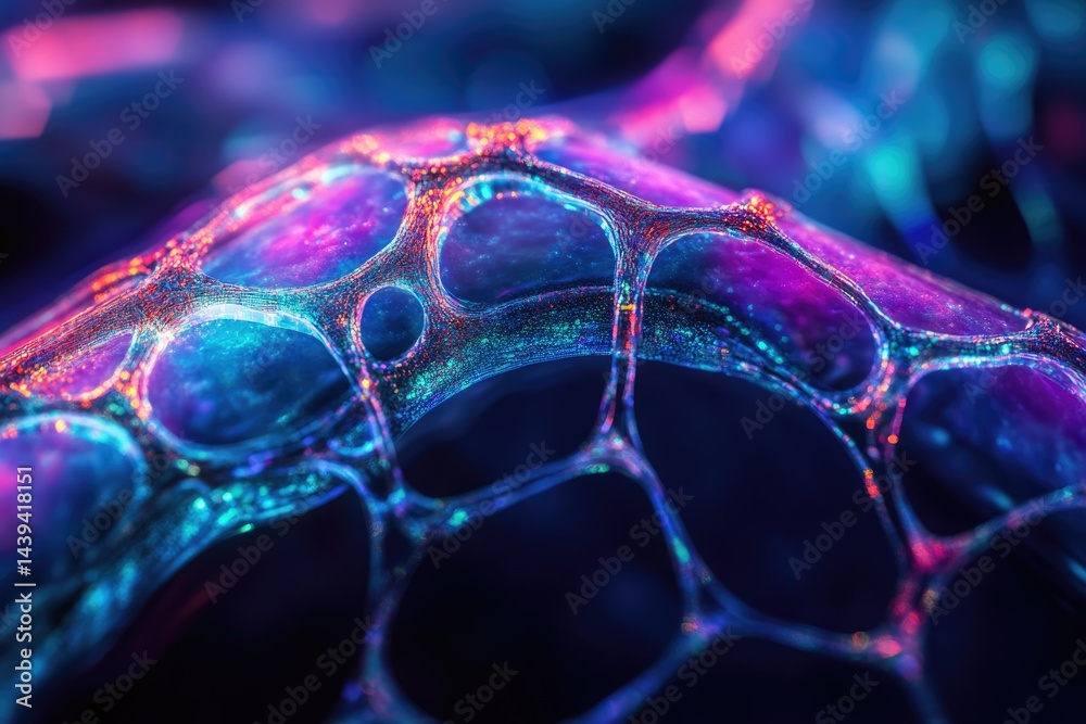Poster close-up of vibrant, iridescent soap bubbles forming a complex, interconnected network.