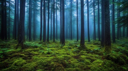 Obraz premium Misty forest floor covered in moss