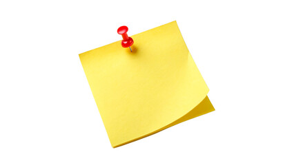 Yellow sticky post it note with red pushpin isolated on transparent background