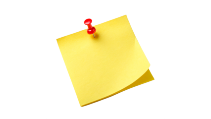 Yellow sticky post it note with red pushpin isolated on transparent background