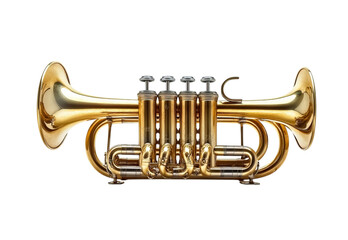 Obraz premium A vintage brass trumpet with its bell open, standing upright on Png Format and Transparent Background