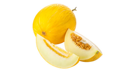 Fresh Yellow Melon with Slices and Seeds isolated on transparent background