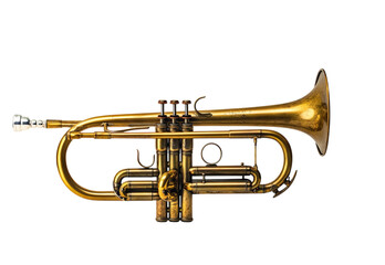 Obraz premium A vintage brass trumpet with its bell open, standing upright on Png Format and Transparent Background