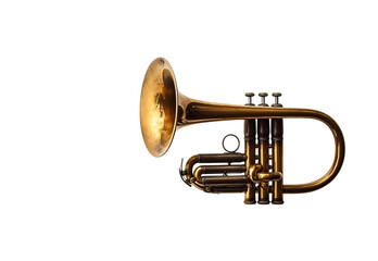 Obraz premium A vintage brass trumpet with its bell open, standing upright on Png Format and Transparent Background