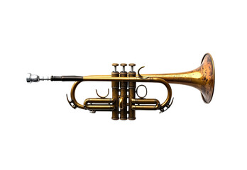 Obraz premium A vintage brass trumpet with its bell open, standing upright on Png Format and Transparent Background