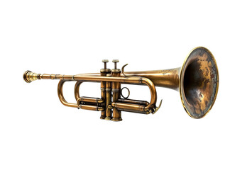 Naklejka premium A vintage brass trumpet with its bell open, standing upright on Png Format and Transparent Background