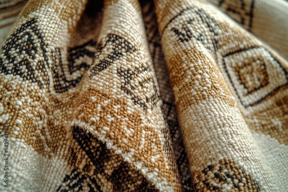 Poster close-up of textured fabric with beige and brown geometric patterns, showcasing intricate weaving de