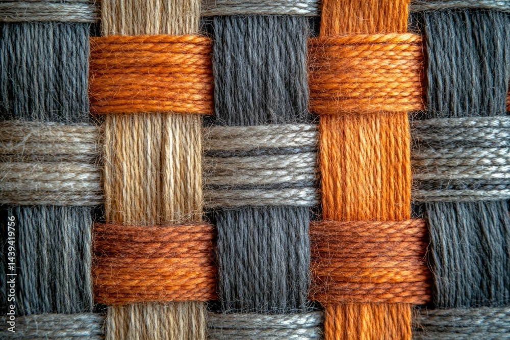 Aufkleber Intricate woven textile with gray, beige, and orange threads creating a complex pattern.
