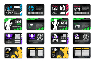 Set of Gym Membership Card Templates. Double Sided Fitness Club ID Cards with info