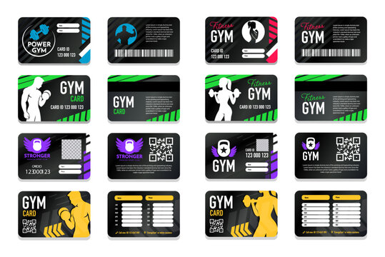 Set of Gym Membership Card Templates. Double Sided Fitness Club ID Cards with info