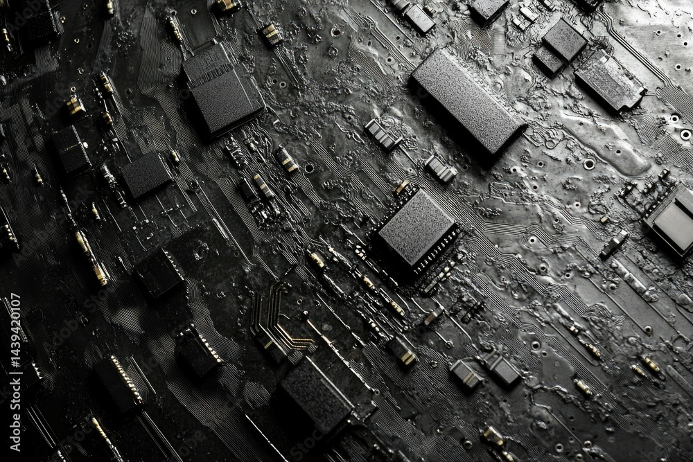 Poster close-up of a damaged, black circuit board, showcasing melted components and intricate circuitry.