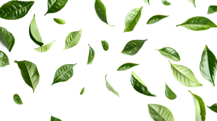 A white background with green leaves scattered all over it