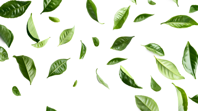 A white background with green leaves scattered all over it