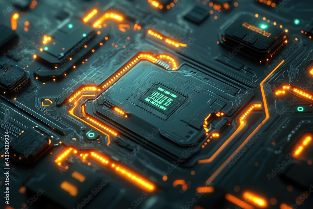 Poster Close-up of a futuristic circuit board with glowing orange lines and a central processor.