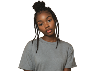 Portrait of a young woman with dreadlocks and a contemplative gaze against isolation transparent