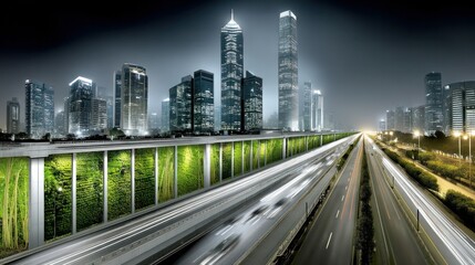 Fototapeta premium Modern Cityscape at Night with Urban Greenery and Light Trails from Cars on Multi-Lane Highway