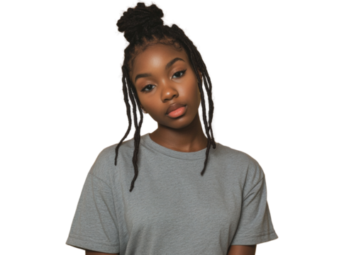 Portrait of a young woman with dreadlocks and a contemplative gaze against isolation transparent