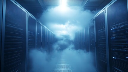 Modern data center servers room cloud computing technology web racks future system online energy