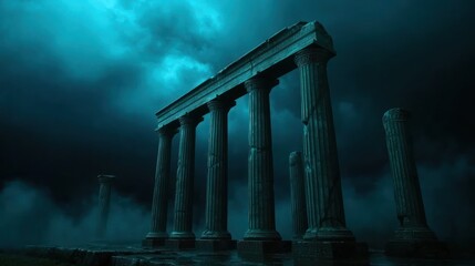 Fototapeta premium Ruined columns under stormy sky, misty ruins