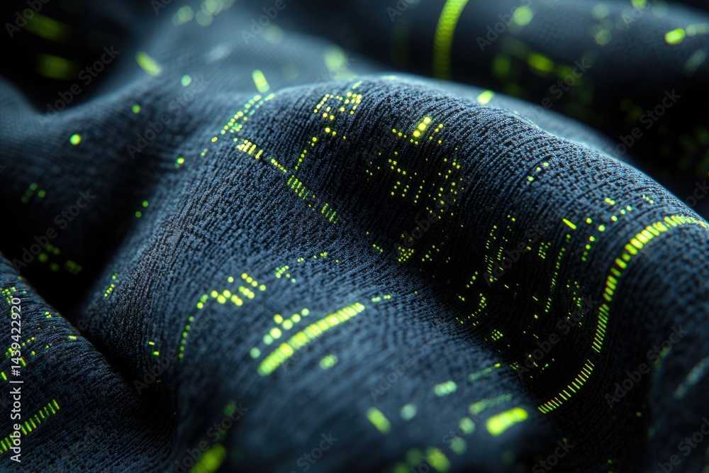 Poster Dark fabric with glowing green patterns resembling digital code, creating a futuristic textile.