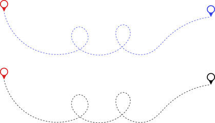 Route icon - two points with dotted path and location pin. Route location icon two pin sign and dotted line. Travel icon. Travel from start point and dotted line tracing.