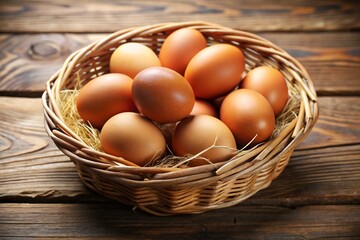 A basket full of eggs is sitting on a wooden table