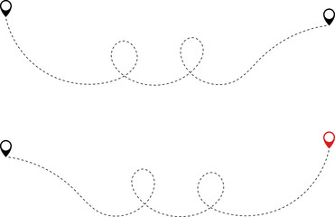 Route icon - two points with dotted path and location pin. Route location icon two pin sign and dotted line. Travel icon. Travel from start point and dotted line tracing.