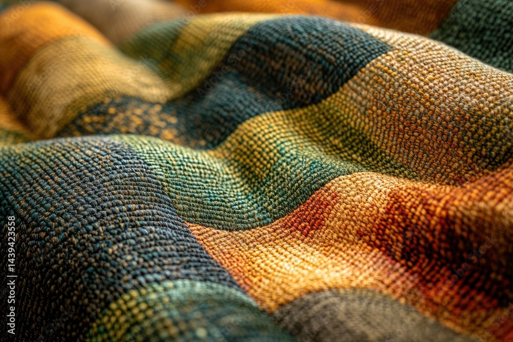 Poster Close-up of a multicolored woven textile with a textured surface showing intricate details and warm color palette.
