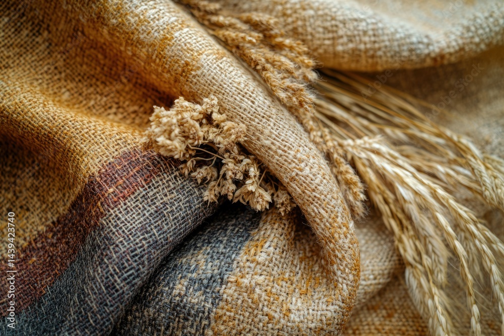 Poster close-up of rustic burlap fabric with dried wheat stalks, showcasing autumnal textures and colors.
