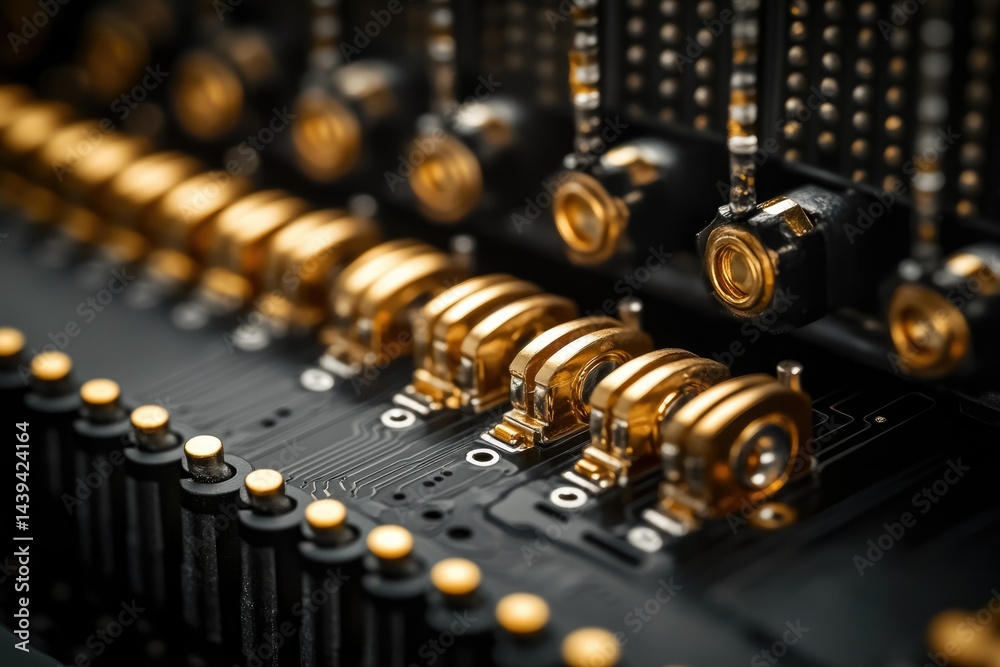 Poster close-up of intricate gold connectors on a complex electronic circuit board.