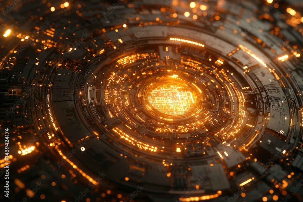 Poster Futuristic circular technological structure with glowing orange lights, intricate details and complex design.