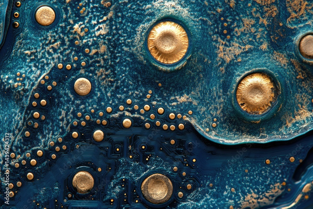 Poster close-up of a circuit board with gold contacts, resembling a cosmic nebula.