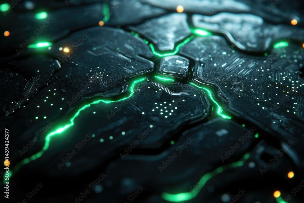 Poster abstract close-up of a futuristic, dark tech surface with glowing green energy lines.