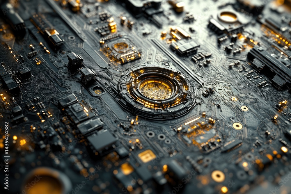 Poster Close-up view of a futuristic, intricately designed circuit board with glowing components.