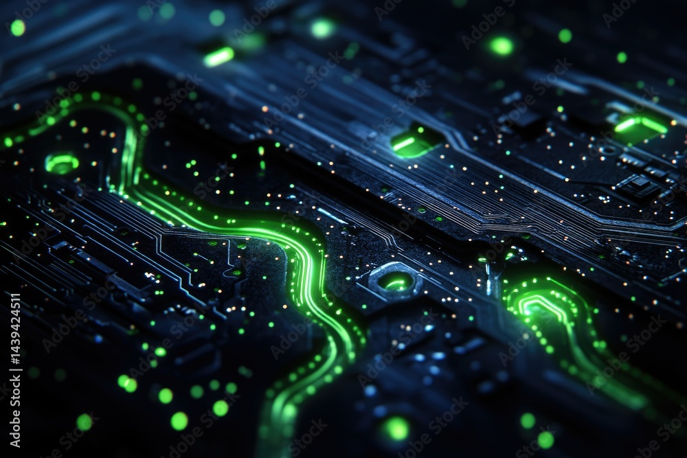 Poster close-up of a circuit board with glowing green traces, showcasing intricate technological details.