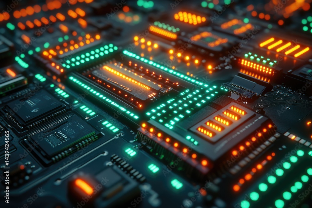 Poster Close-up of a futuristic circuit board with glowing components, showcasing intricate technological details.