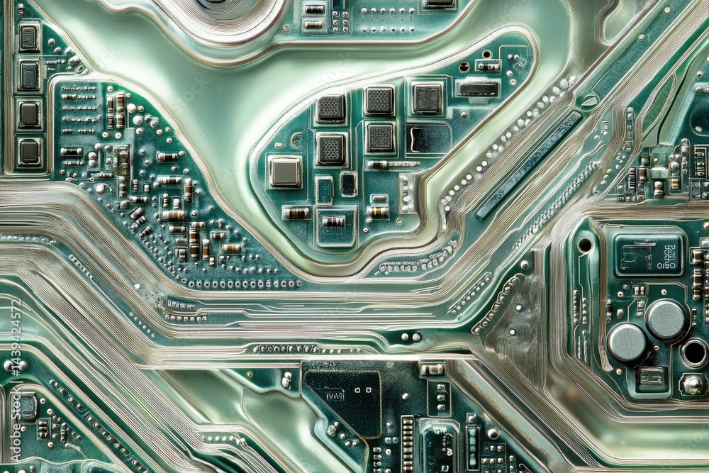 Poster Close-up view of a circuit board's intricate pathways and components.