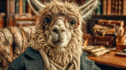 Obraz premium A llama in stylish glasses and a perfectly fitting suit sits at a wooden table in a cozy vintage office