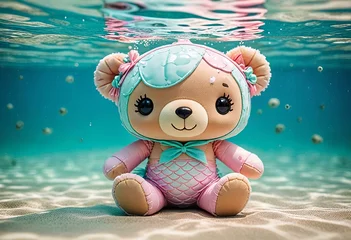 Printed kitchen splashbacks Elegant Depicting Adorable chibi mermaid bear in minimalist style, underwater world background.