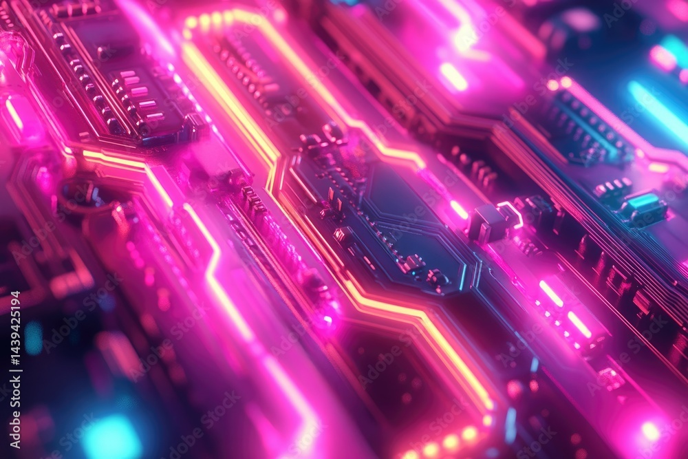 Poster abstract close-up of a vibrant neon-lit circuit board, showcasing intricate technological details.