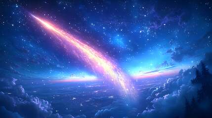 A vibrant colorful shooting star streaks across a starry night sky above a glowing city and fluffy clouds