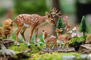 Two deer fawns and their mother in a miniature forest scene.